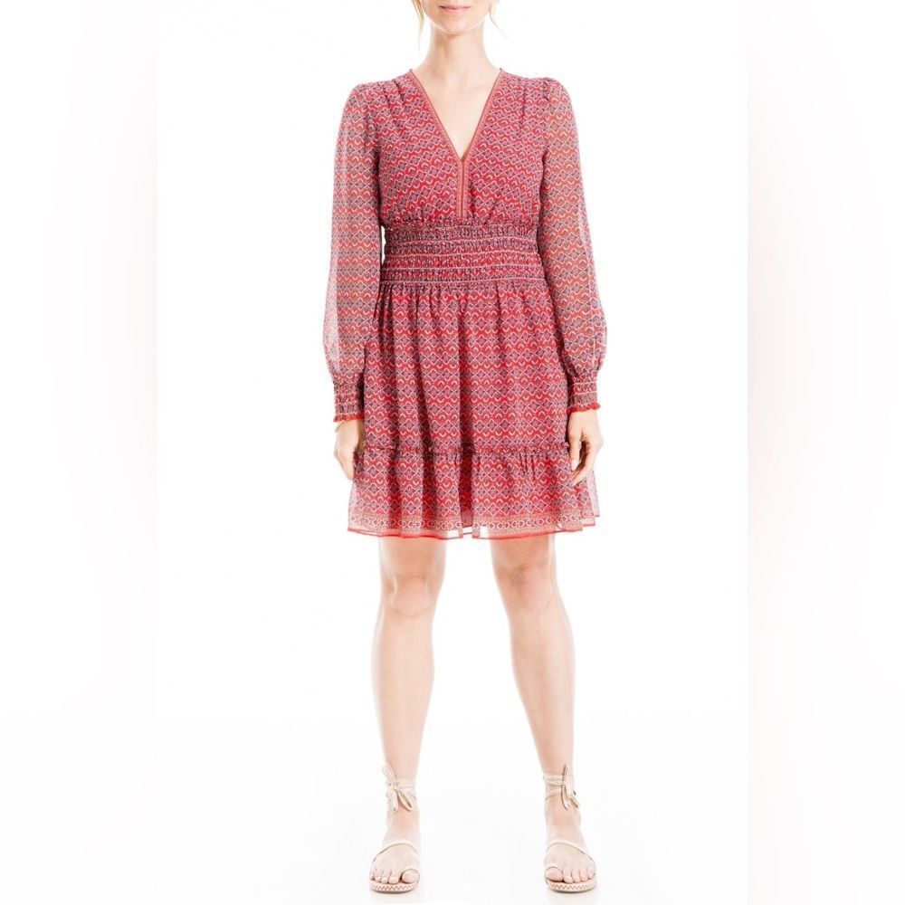 Max Studio Geometric Floral Print Smocked‎ Waist Dress Size XS New With Tags